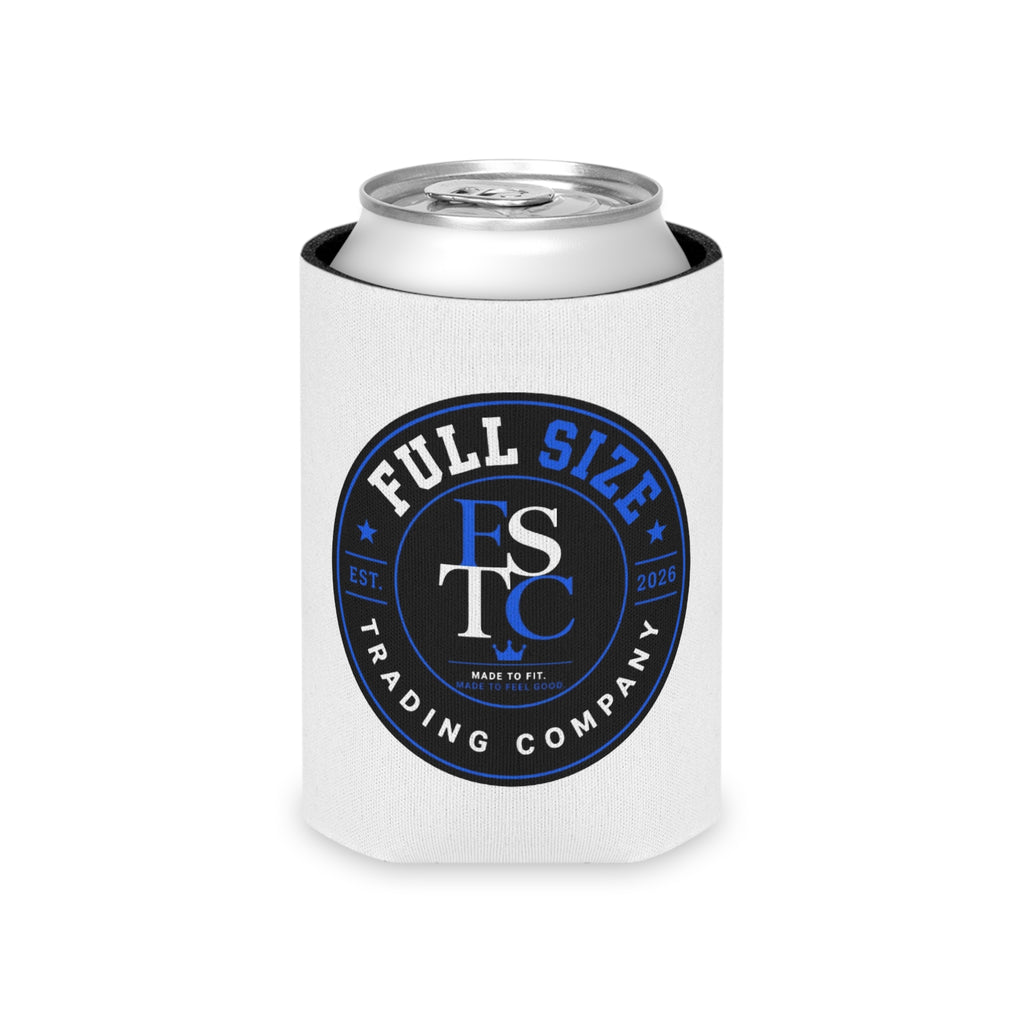 Full Size Trading Company Can Cooler — Logo Koozie (White, Blue & Black)