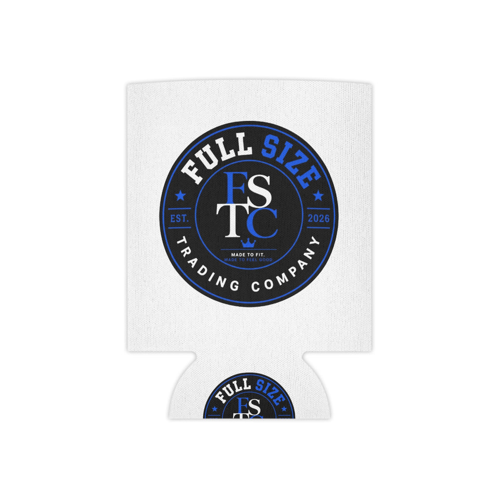 Full Size Trading Company Can Cooler — Logo Koozie (White, Blue & Black)